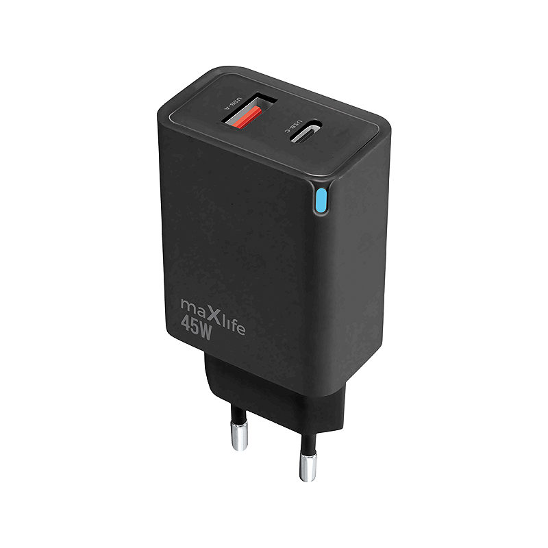 Maxlife MXTC-09-45AC GaN PD QC charger 1x USB-C 1x USB 45W black