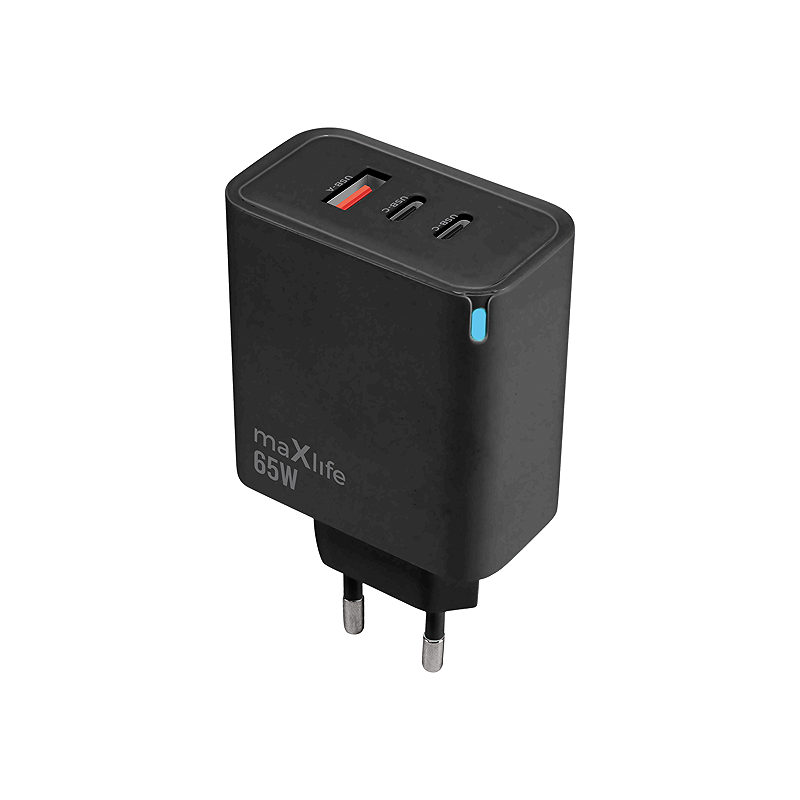 Maxlife MXTC-09-65ACC GaN PD QC charger 2x USB-C 1x USB 65W black