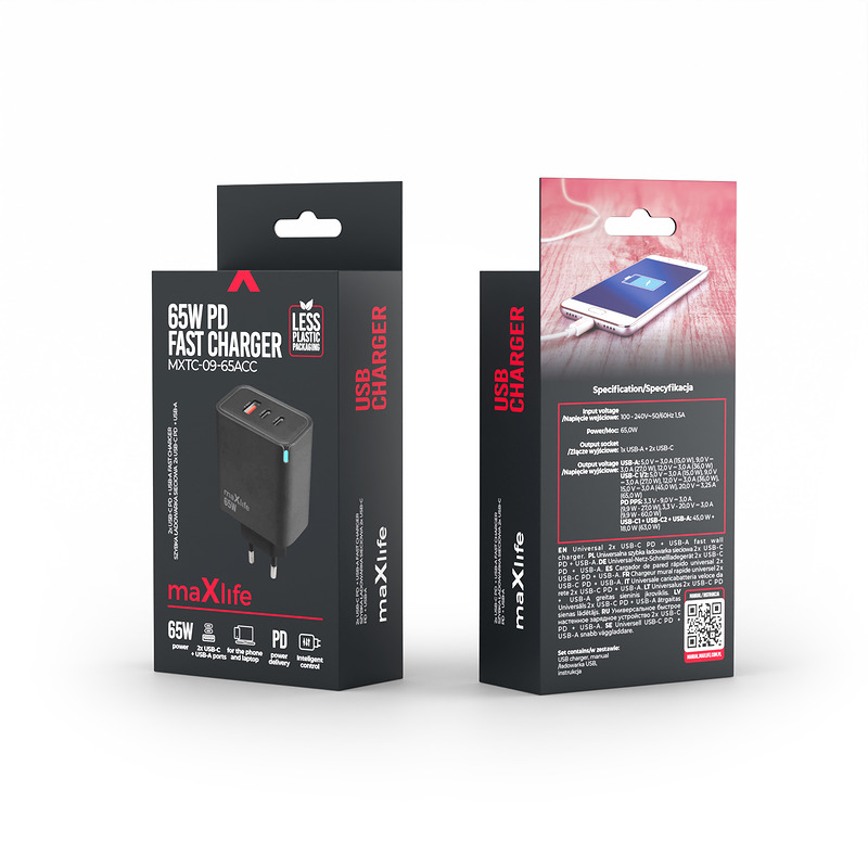 maXlife 65W PD USB+2xUSB-C lader Sort - Billede 2