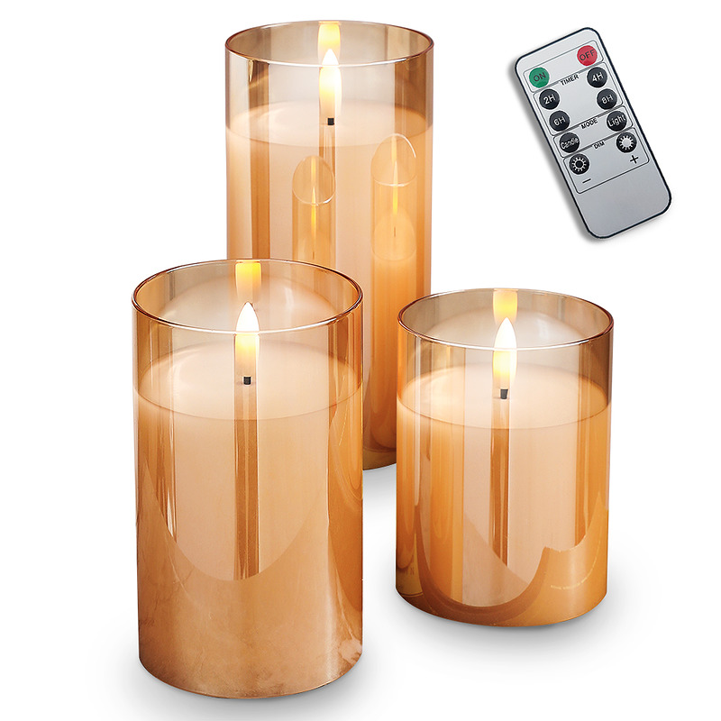 Decorational LED Candle set 3 pcs. gold glass + remote