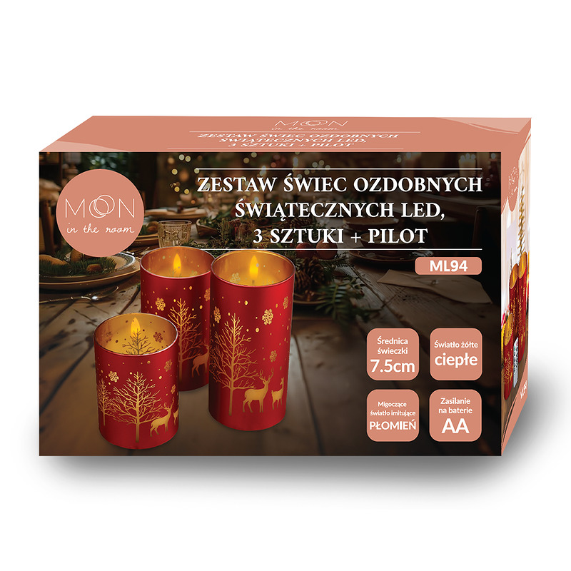Decorational LED Candle set 3 pcs. christmas red and gold + remote - Billede 2