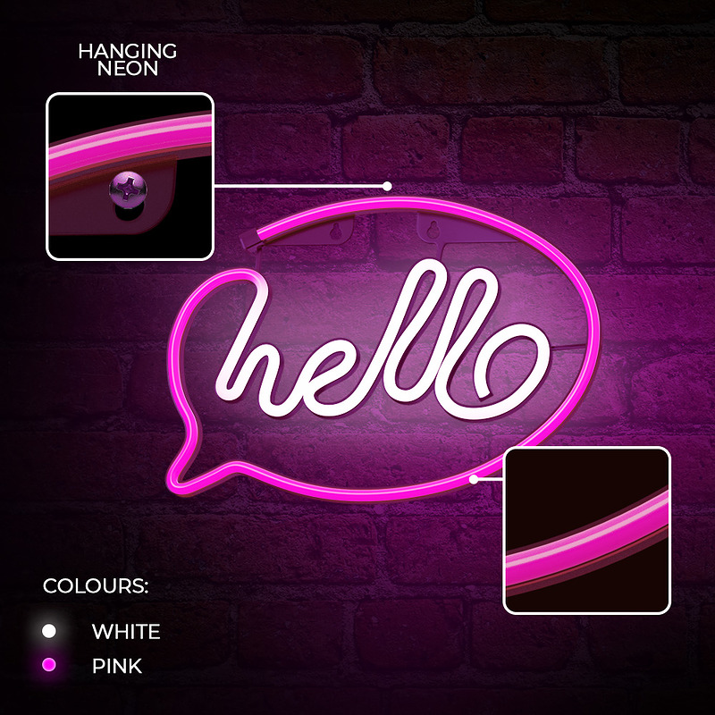 Neon LED Light HELLO pink white Bat + USB FLNE15 Forever Light - Billede 5