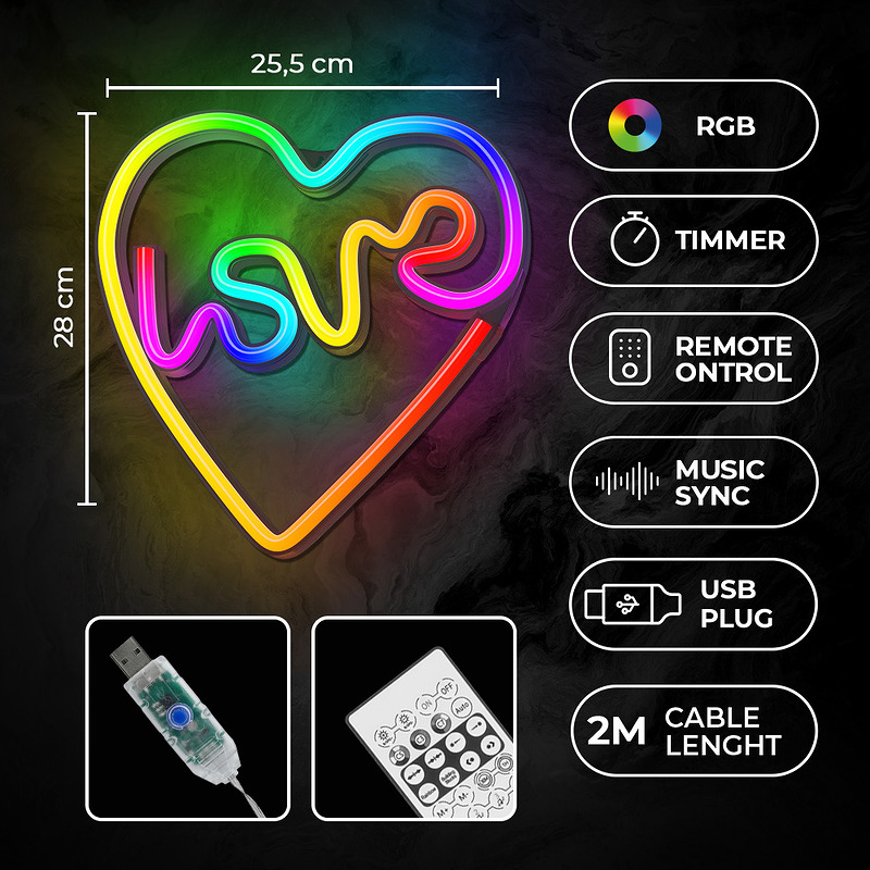 Neon LED RGB LOVE IN HEART FLRN02 + RC Forever Light - Billede 5