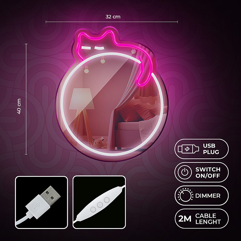 Neon MIRROR LED SLEEPING CAT white pink FMNE03 Forever Light - Billede 5