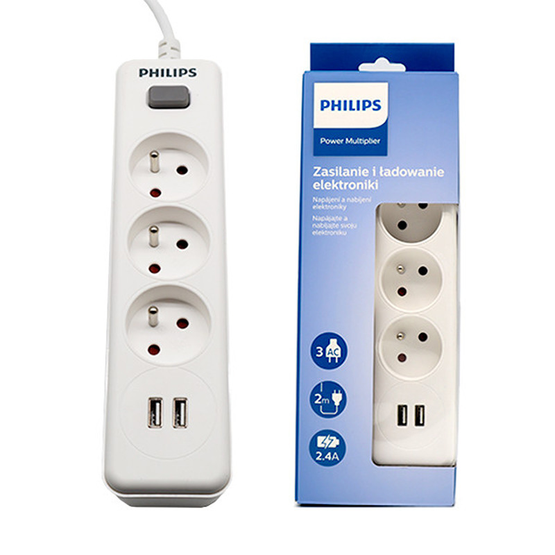 Power strip PHILIPS etension cord 3 sockets + 2 USB 2m 10A white - Billede 2