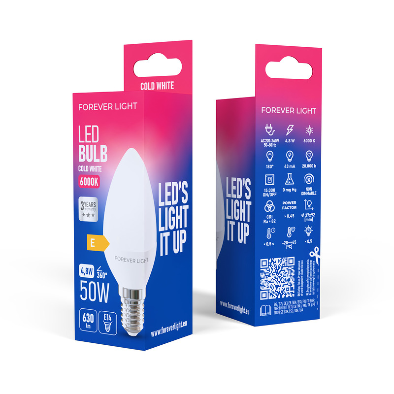 Forever Light LED Bulb E14 C37 4.8W 630lm 6000K class E - Billede 3
