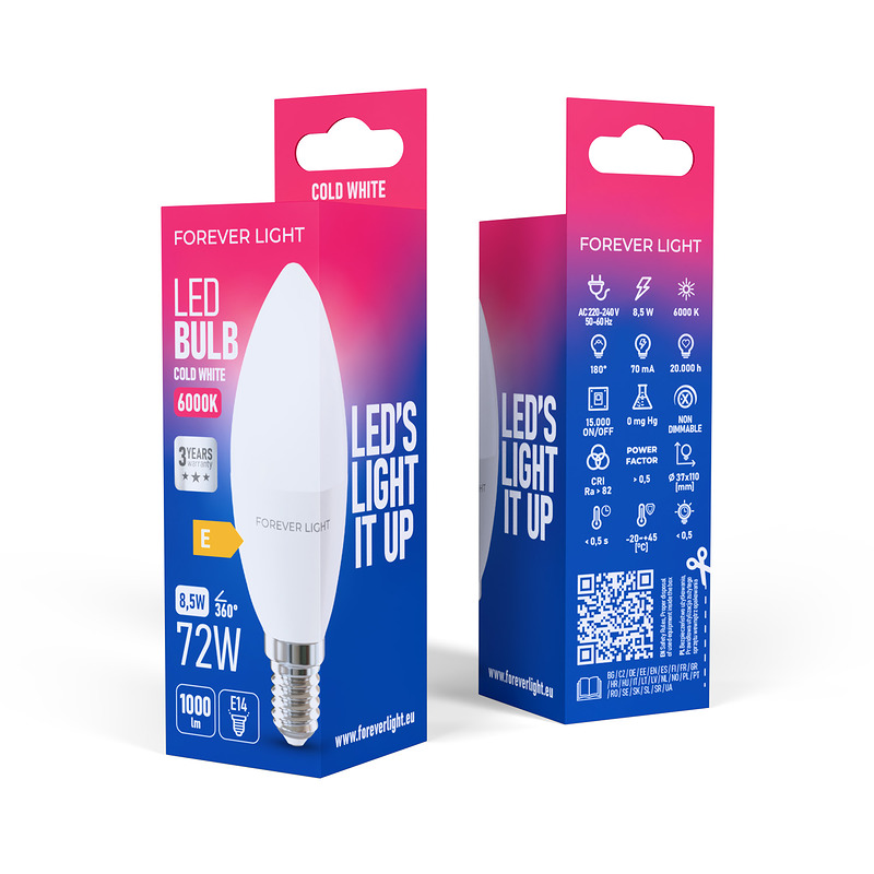 Forever Light LED Bulb E14 C37 8.5W 1000lm 6000K class E - Billede 3