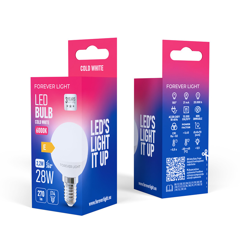 Forever Light LED Bulb E14 G45 2.2W 270lm 6000K class E - Billede 3
