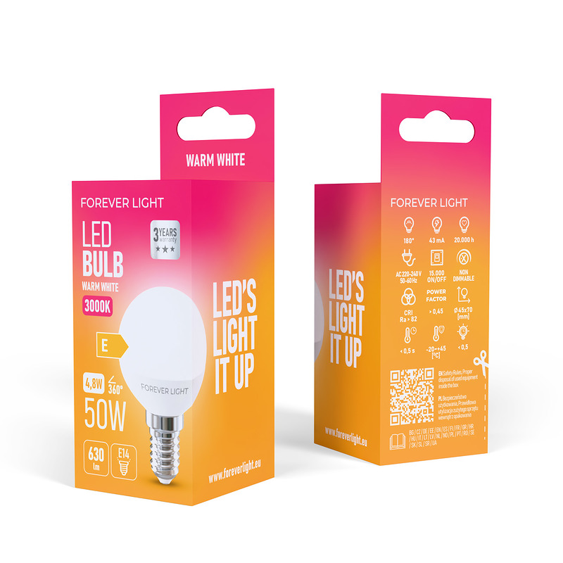 Forever Light LED Bulb E14 G45 4.8W 630lm 3000K class E - Billede 3
