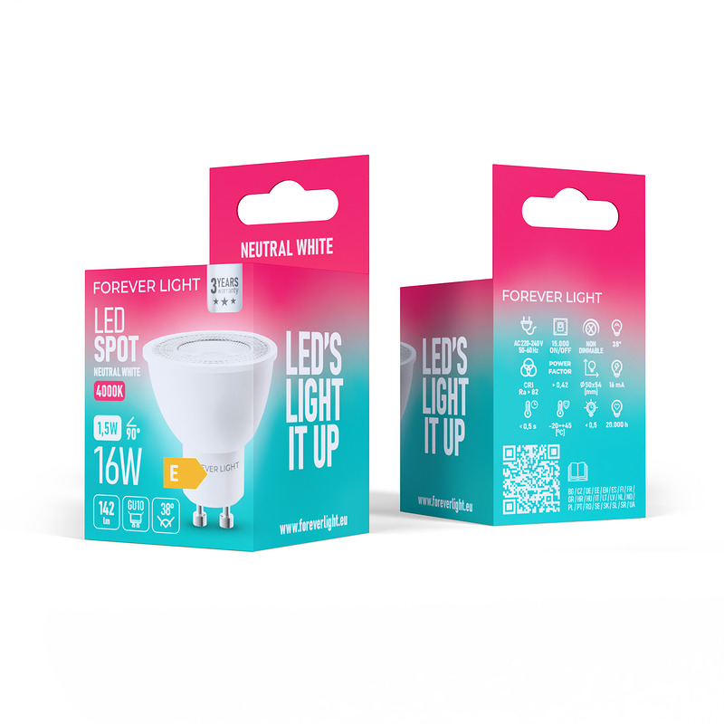 Forever Light LED Bulb GU10 38° 1.5W 142lm 4000K class E - Billede 3