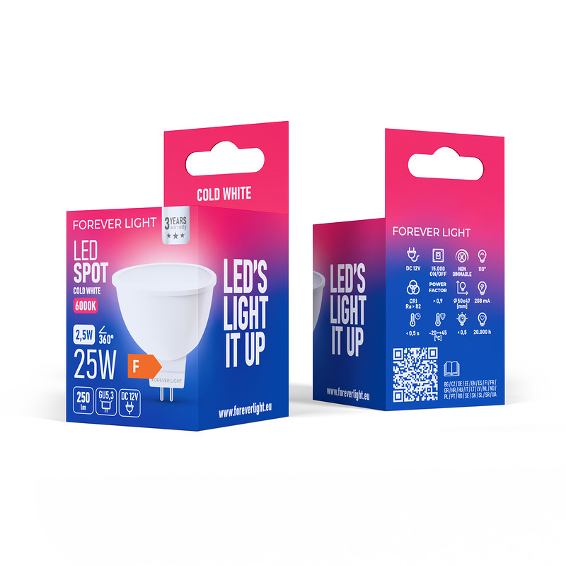 Forever Light LED Bulb GU5,3 MR16 2.5W 250lm 6000K 12V class F - Billede 3