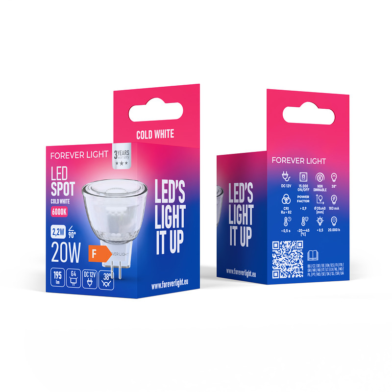 Forever Light LED Bulb G4 MR11 38° 2.2W 195lm 6000K 12V glass class F - Billede 3
