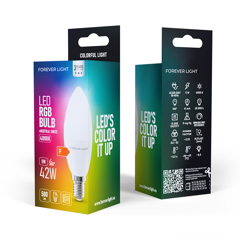 Forever Light LED Bulb RGB E14 C37 5W 500lm 4000K class F - Billede 4
