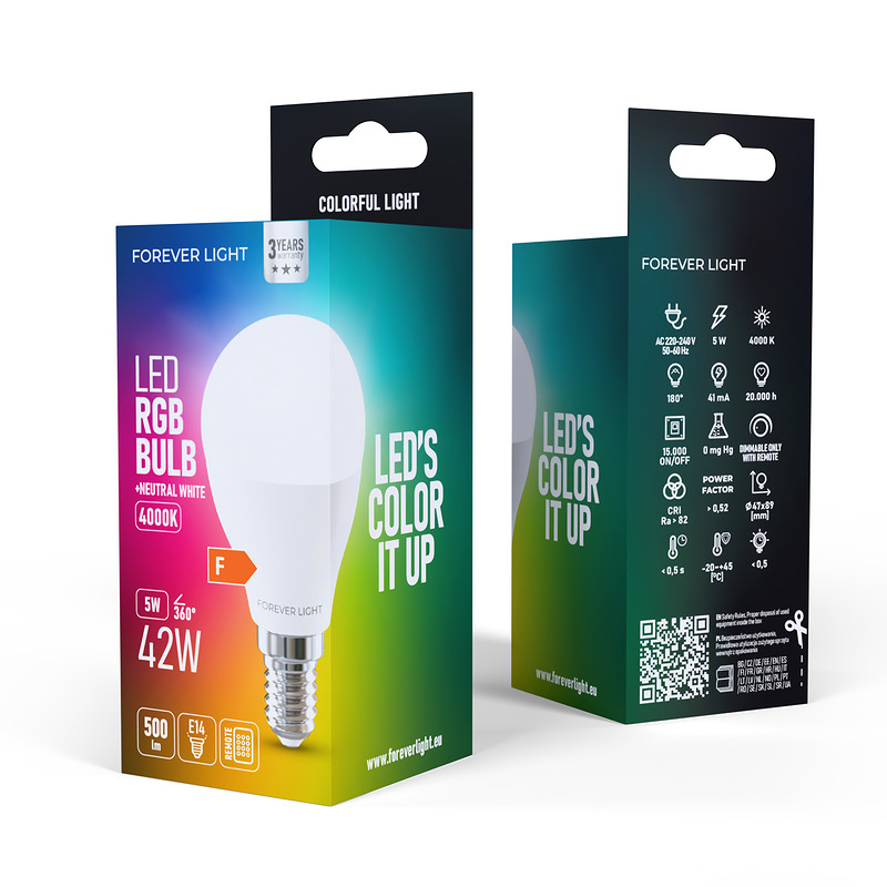 Forever Light LED Bulb RGB E14 G45 5W 500lm 4000K class F - Billede 4