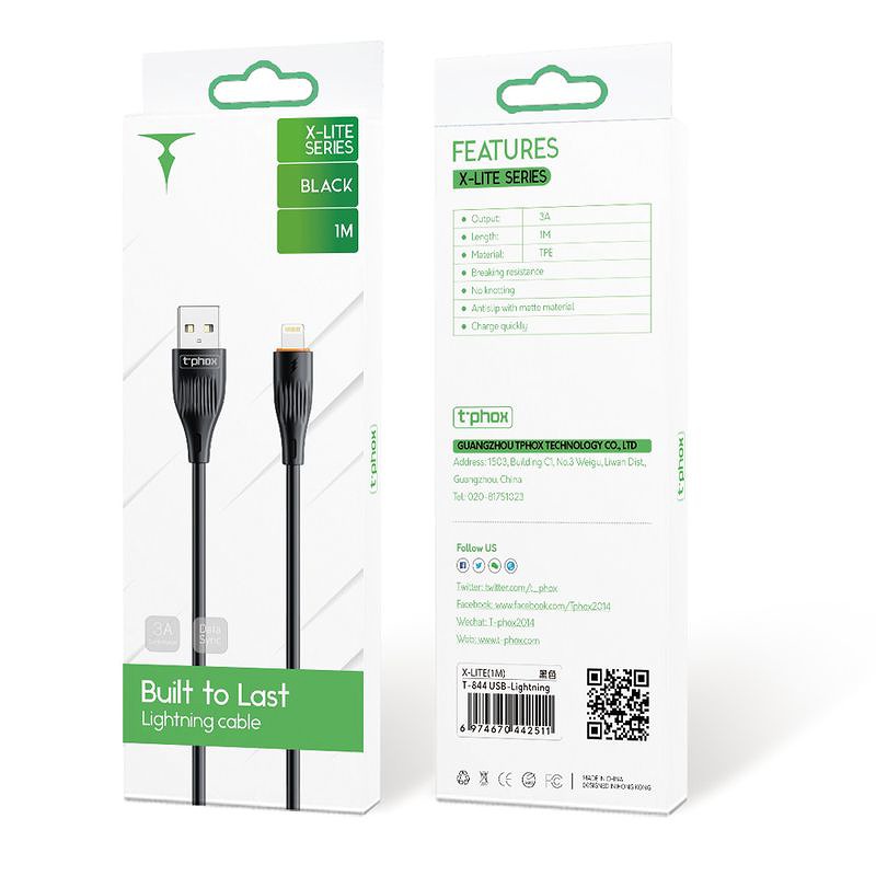 T-PHOX CABLE X-LITE LIGHTNING BLACK 1M 3A - Billede 3