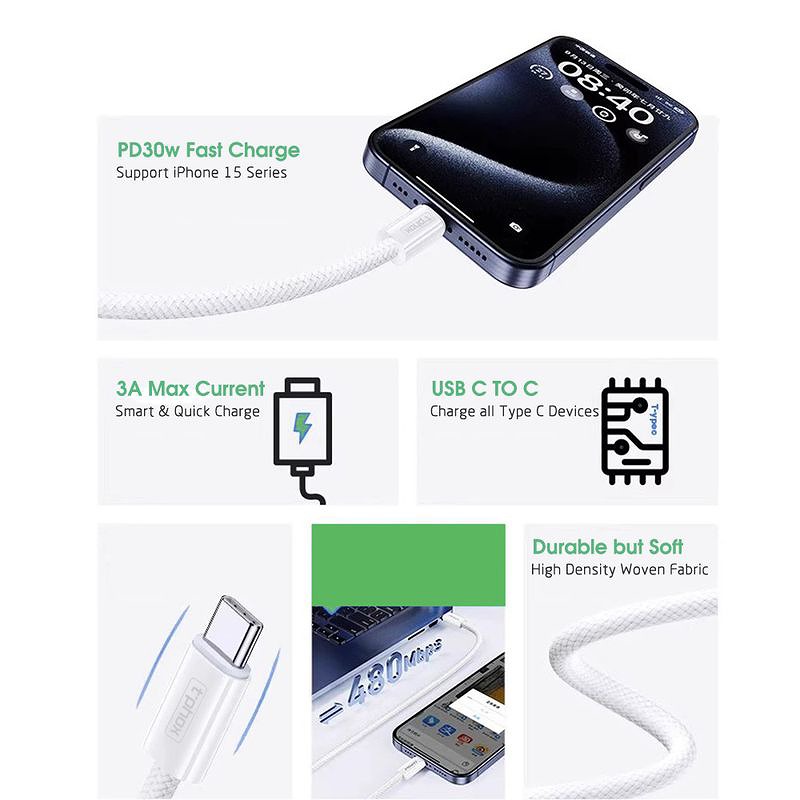T-PHOX CC15 SERIES USB-C/USB-C CABLE 60W 3A WHITE - Billede 4
