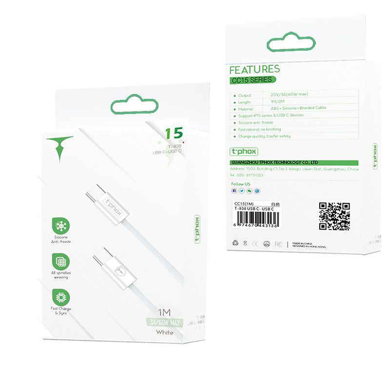 T-PHOX CC15 SERIES USB-C/USB-C CABLE 60W 3A WHITE - Billede 5