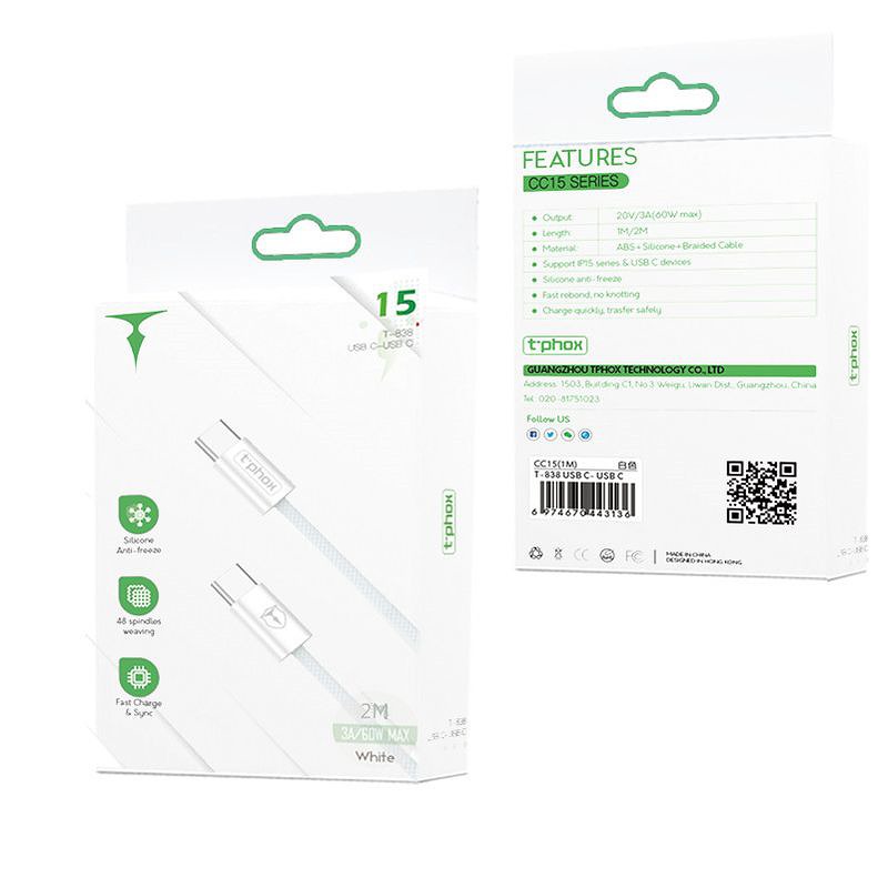 T-PHOX CABLE CC15 SERIES USB-C/USB-C 60W 3A 2M WHITE - Billede 5