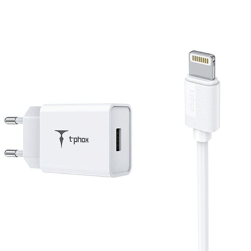 WALL CHARGER T-PHOX MINI-EU LIGHTNING WHITE 1.2M 2.4A