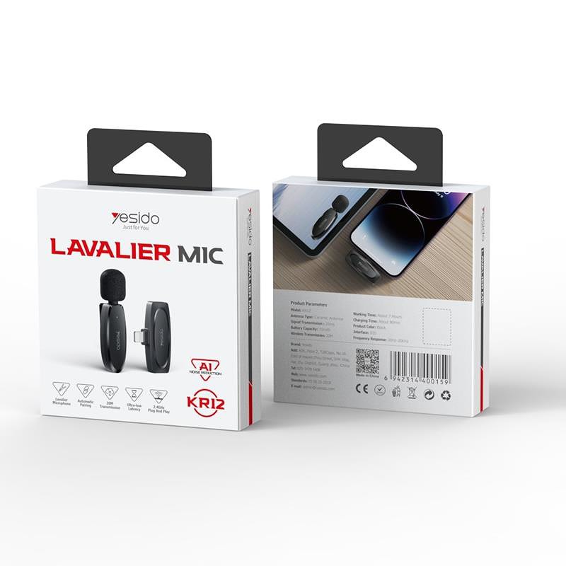 YESIDO MICROPHONE MEMS WITH CLIP KR12 LIGHTNING WIRELESS 2,4GHz, BLACK - Billede 2