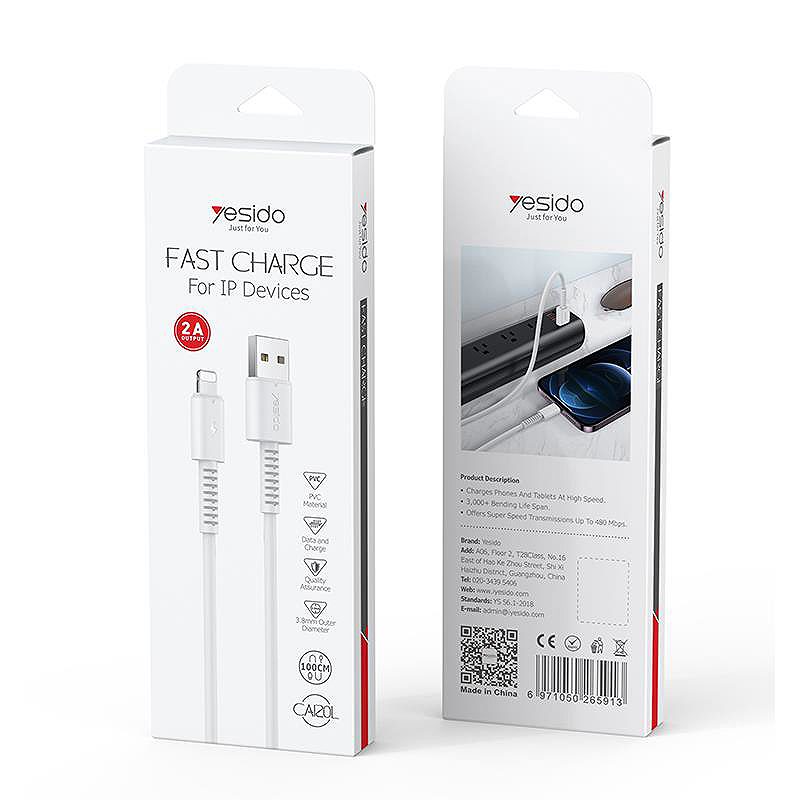 YESIDO CABLE CA120 18W USB/LIGHTNING 1M PVC 2A WHITE - Billede 2
