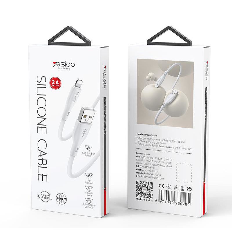YESIDO SILICONE CABLE CA119 12W USB/LIGHTNING 1M 2,4A WHITE - Billede 2