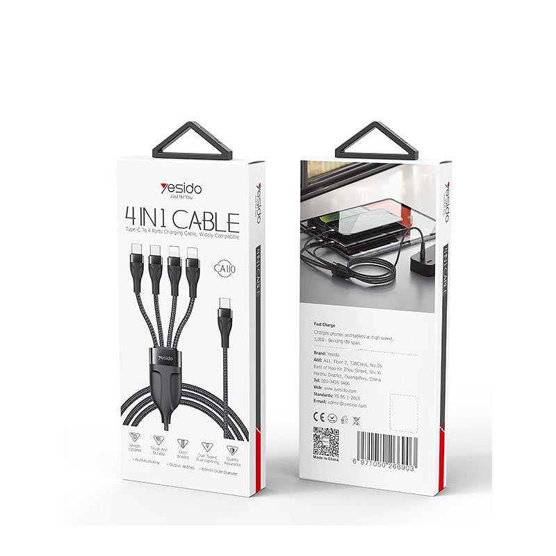 YESIDO CABLE CA110 TYPE-C/4IN1 (2xTYPE-C + 2x LIGHTNING) 1,2M 4A BLACK - Billede 2