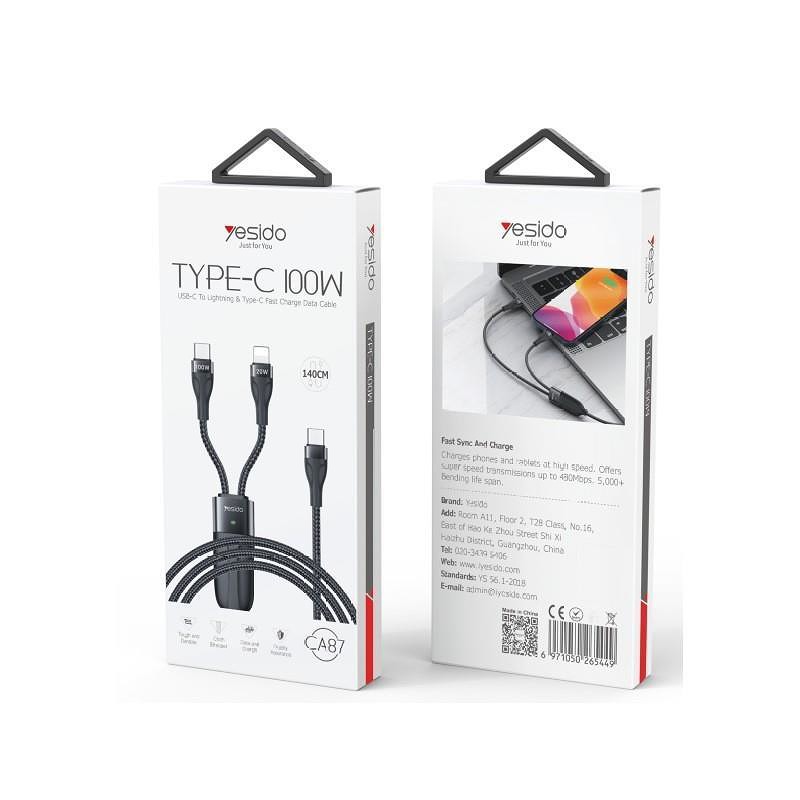 YESIDO CABLE CA87 100W TYPE-C/2IN1  1,4M 3,5A BLACK - Billede 2