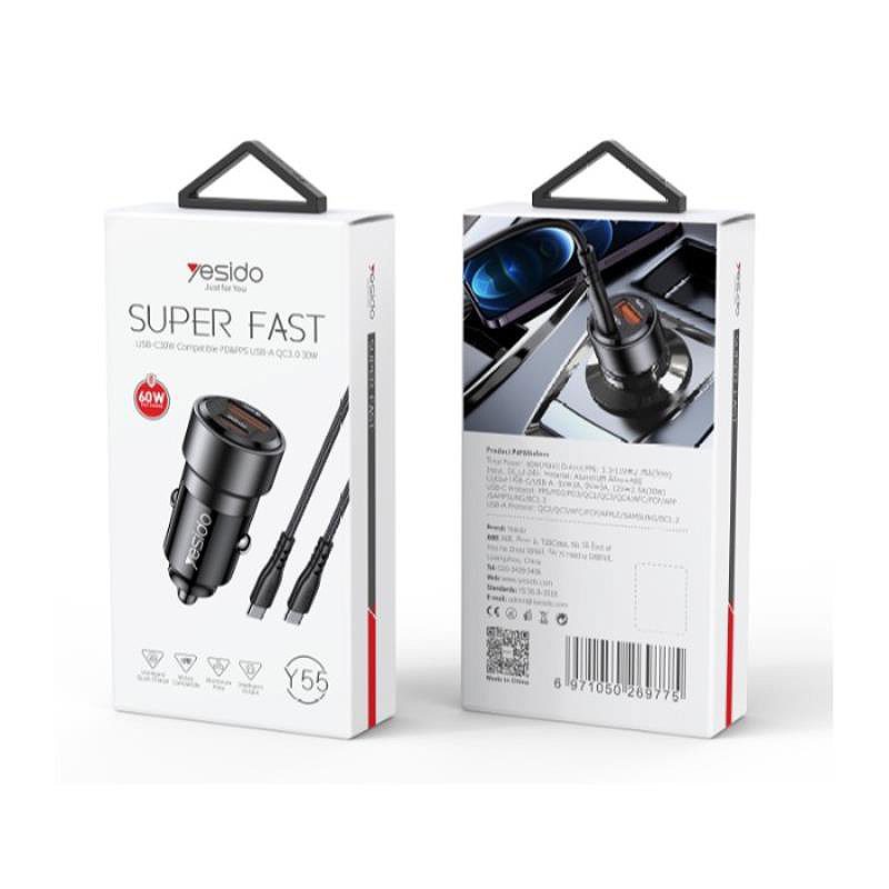 YESIDO CAR CHARGER Y55 60W QC3.0 USB-A+C + TYPE-C/TYPE-C CABLE 60W BLACK - Billede 2