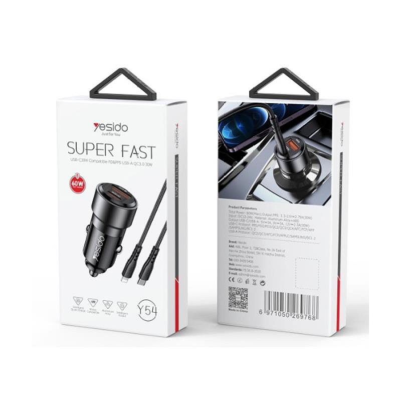 YESIDO CAR CHARGER Y54 60W QC3.0 USB-A+C + TYPE-C/LIGHTNING CABLE 60W BLACK - Billede 2