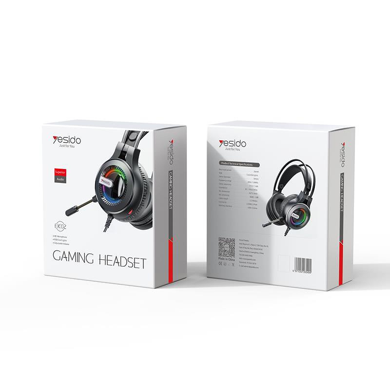 YESIDO GAMING HEADPHONES EK02 LED 2xAUX 3.5MM + MICROPHONE BLACK - Billede 2