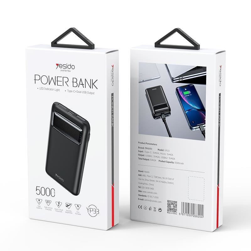 yesido Powerbank YP33 5 000 mAh LED,  2xUSB-A + USB-C BLACK - Billede 2
