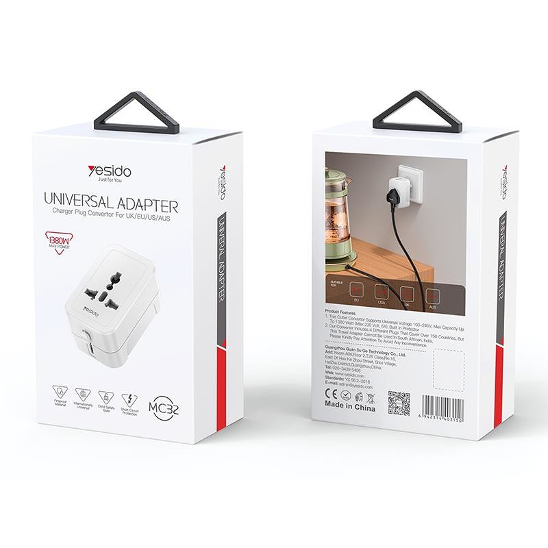 YESIDO MC32 UNIVERSAL ADAPTER UK/EU/US/AUS MAX 6A WHITE - Billede 2