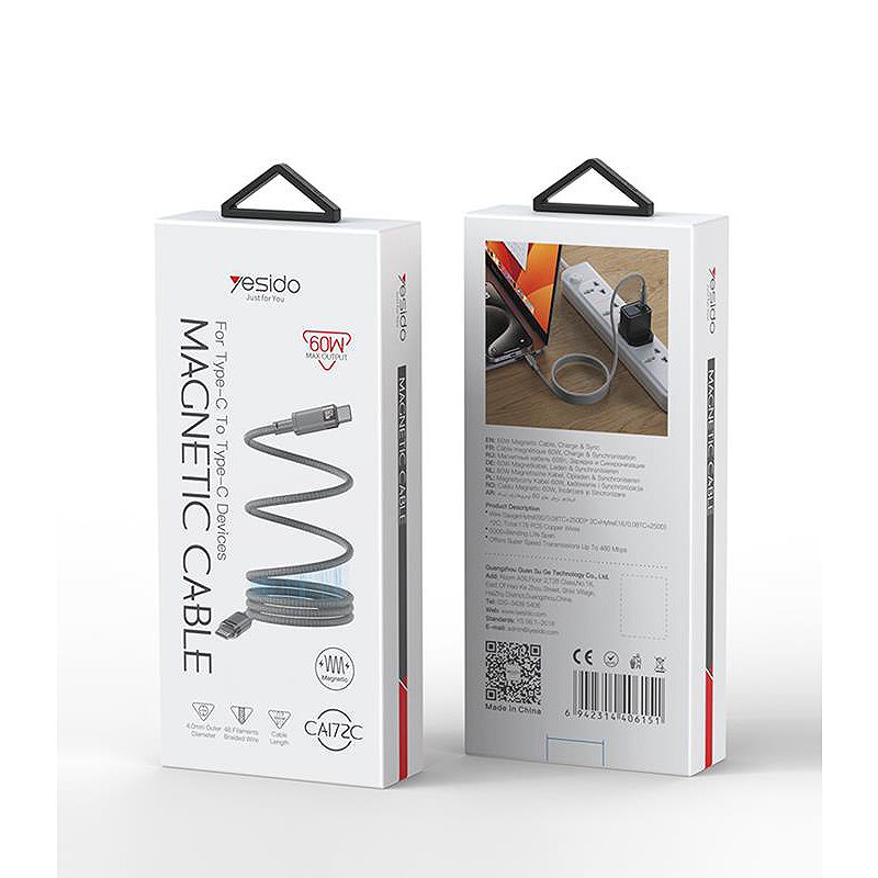 YESIDO MAGNETIC CABLE CA172C 60W TYPE-C/TYPE-C 1M 3A GREY - Billede 2