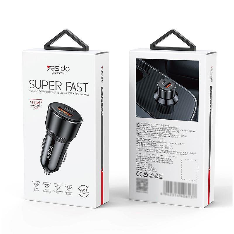 YESIDO CAR CHARGER Y64 50W FAST CHARGING USB-A+C BLACK - Billede 2