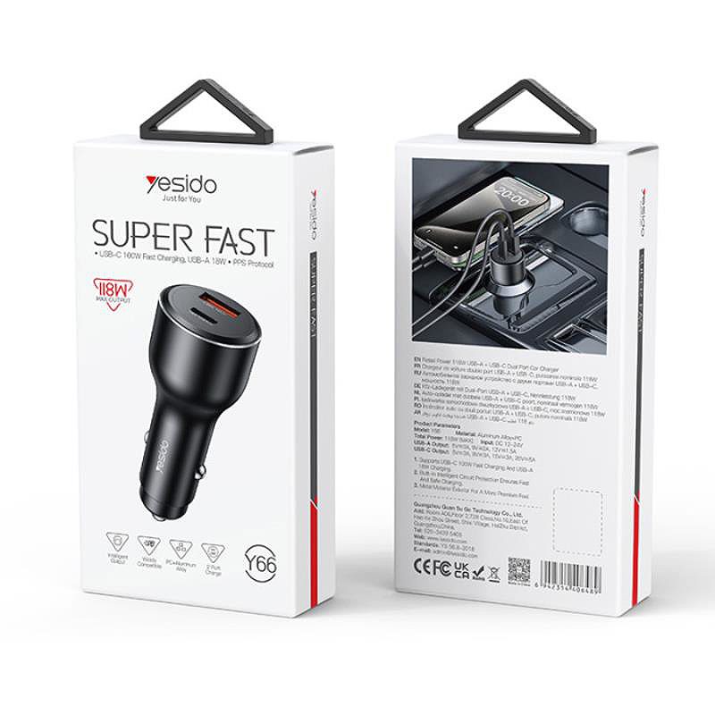 YESIDO CAR CHARGER Y65 118W QC3.0 USB-A+C BLACK - Billede 2