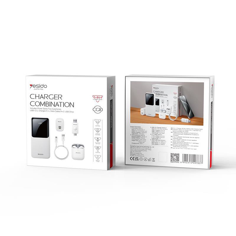 YESIDO POWERBANK CG10 EU 10 000mAh LED ( 5IN1 GIFT SET) WHITE - Billede 2