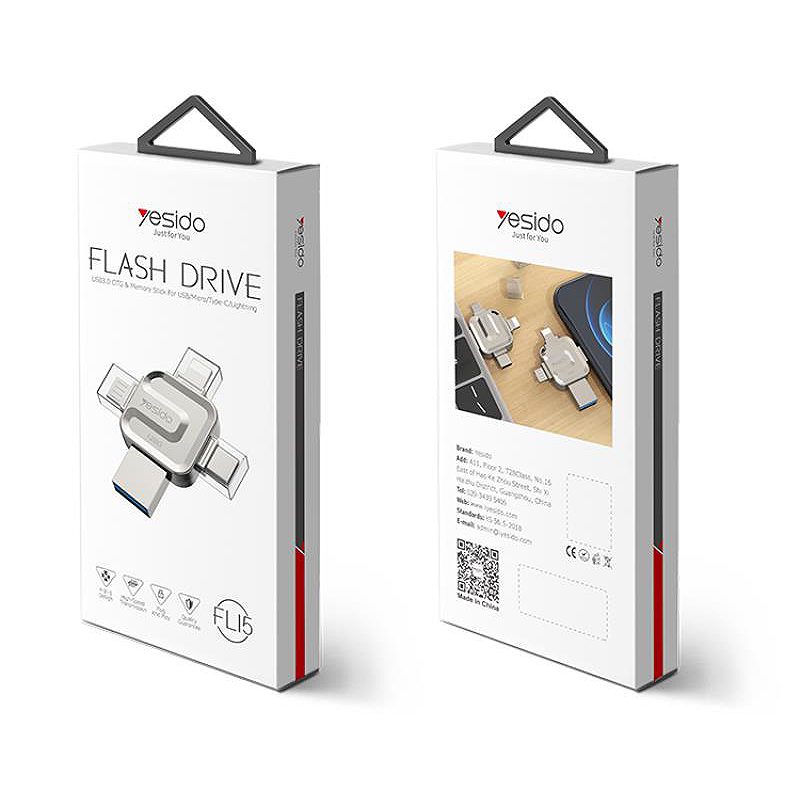YESIDO FLASH DISK L15 4IN1 OTG ADAPTER USB 3.0 128GB SILVER