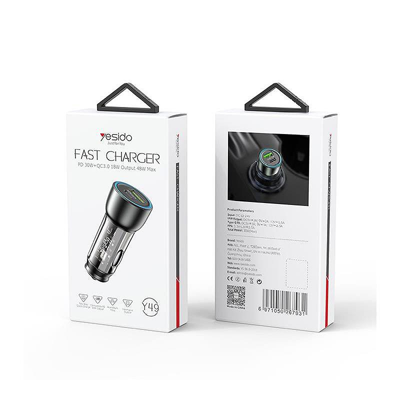 YESIDO CAR CHARGER Y49 PD 30W QC3.0 18W USB-A+C BLACK - Billede 2